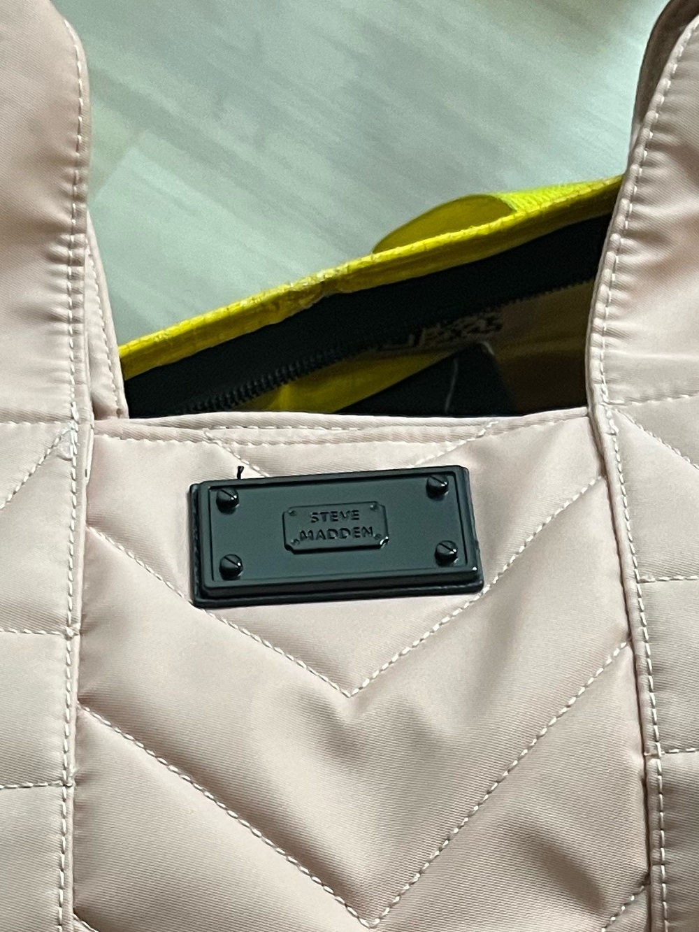 Steve Madden Quilted Tote in Blush Pink with Yellow Liner